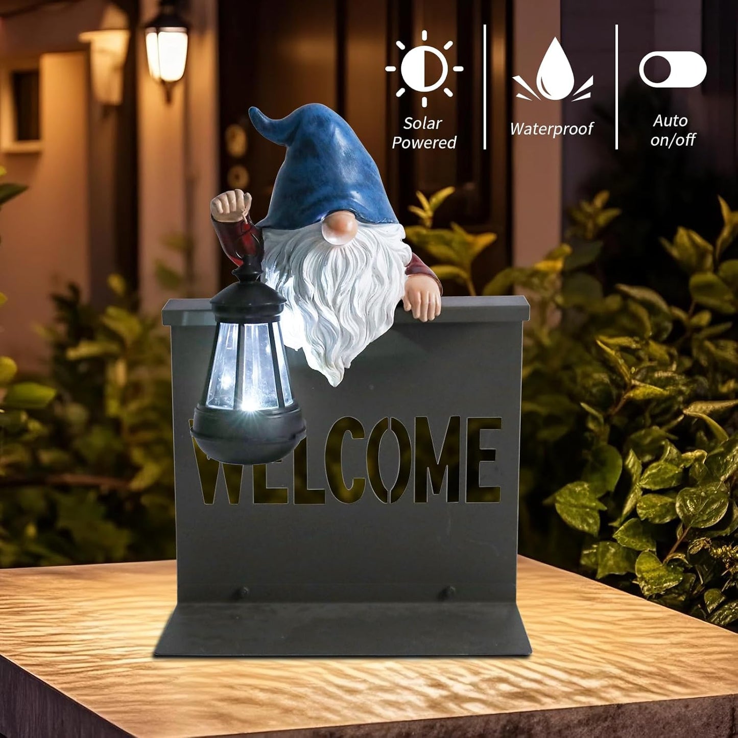 Garden Gnome Statues Outdoor Decor, Solar Gnome Sculpture Holding Lanterns Garden Gnomes Outdoor Decorations with Welcome Fence Base for Patio, Lawn, Yard Ornaments, Housewarming Gifts