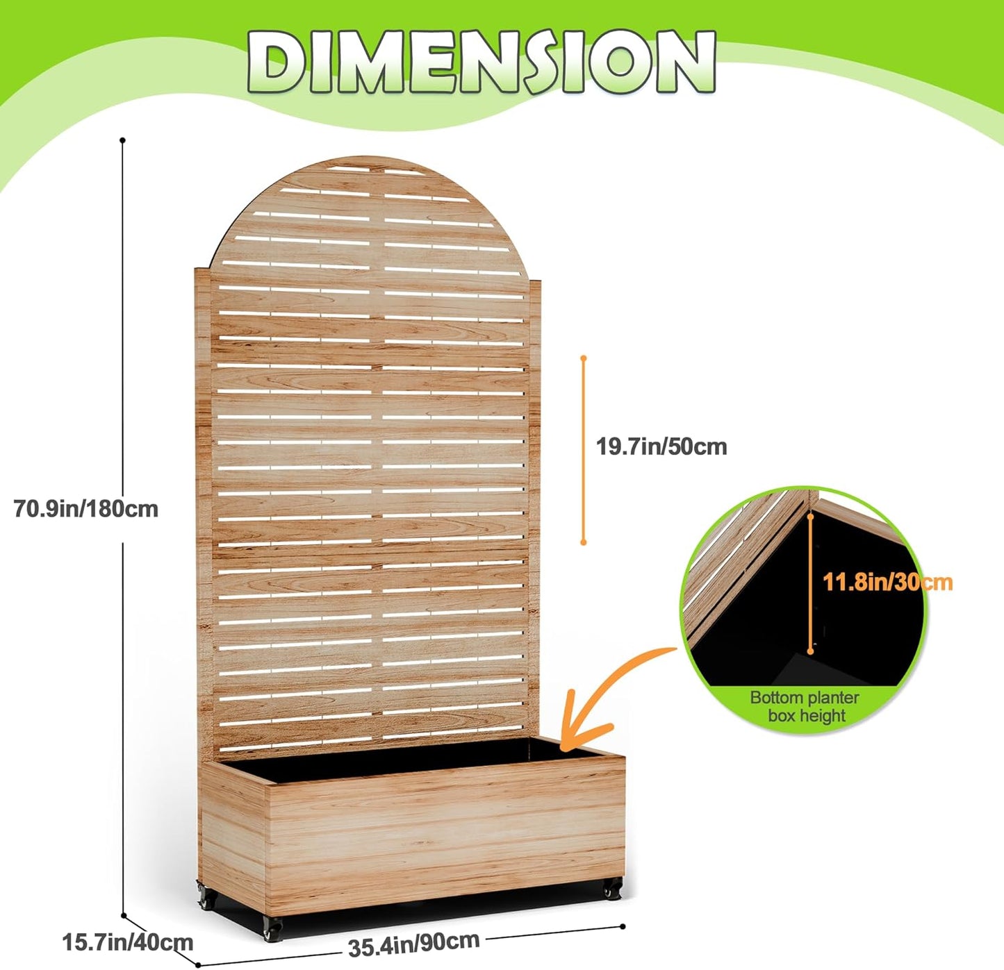 15.7"×70.9"×35.4" Metal Raised Garden Bed with Trellis and Wheels - Tall Trellis Planter Box for Climbing Plants, Vegetables & Vines - Outdoor Privacy Planters for Patio (Acacia Wood Grain-Louvered)