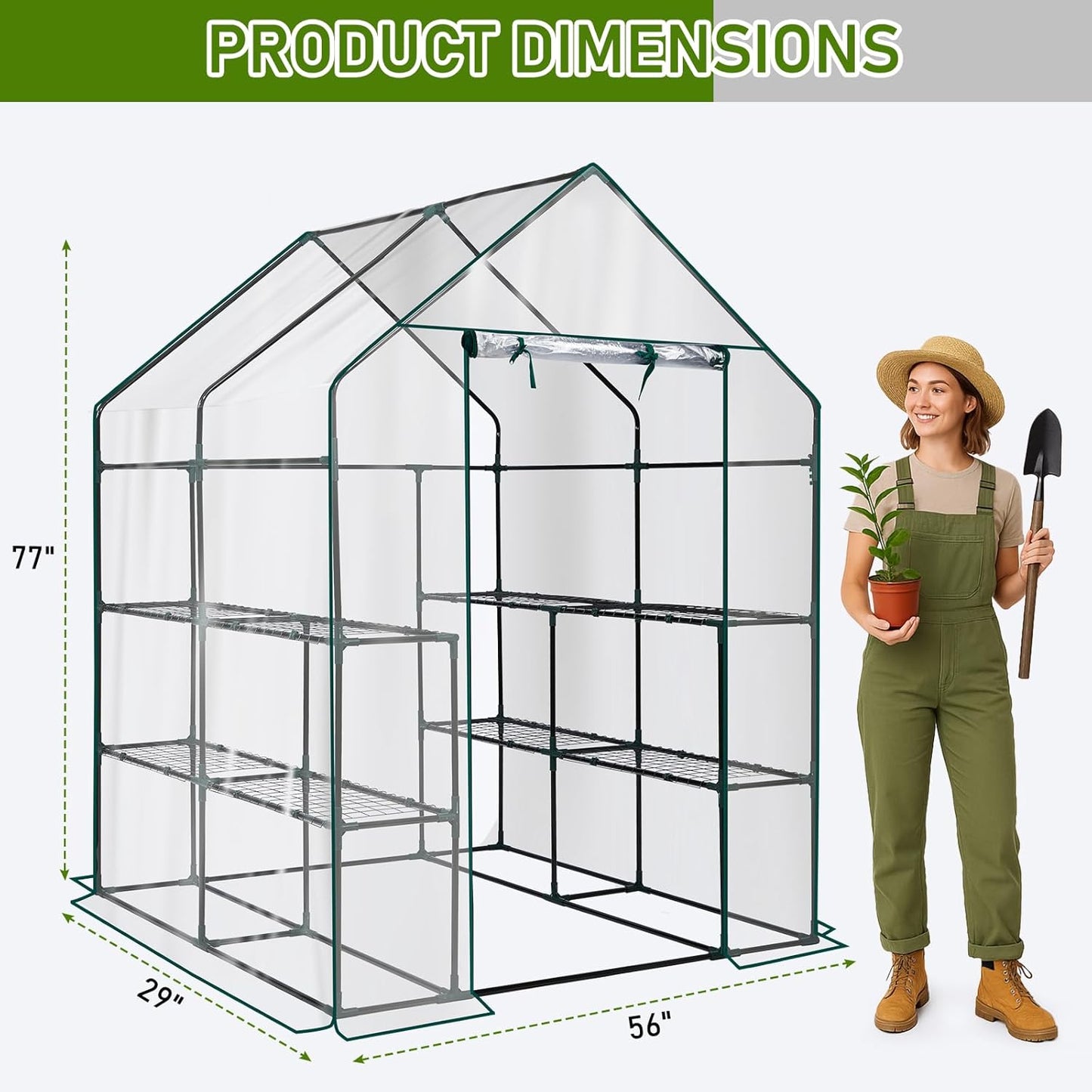 Outvita Walk-in Greenhouse, Outdoor Durable PVC Plant Green House for Frost Protection with 3 Tiers 8 Shelves, Shelf Clips, Roll-up Zipper Door, 56"x56"x77" Transparent