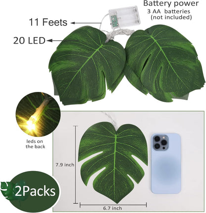 RECUTMS 2 Pack Artificial Tropical Palm Leaves String Lights, Large Size 20 LED Monstera Green Leaf Hanging Vine Greenery,Indoor Hawaiian Luau Jungle Beach Safari Baby Shower Party Spring Summer Decor