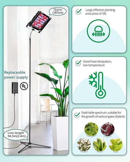 DOMMIA Grow Lights for Indoor Plants, Full Spectrum Tall Plant Light, Dimmable, Adjustable Tripod Standing Grow Lamp Floor Refugium Lamp for Aquarium, 45W 66in, 6/12/16h