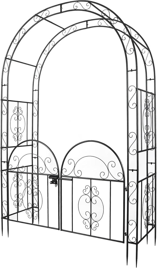 84in High Metal Garden Arbor with Gate, Heavy Duty Wide Garden Arch, Metal Arch Trellis with Gate for Climbing Plant, Wedding, Outdoor Patio Décor, Black(84"x52.4"x19")