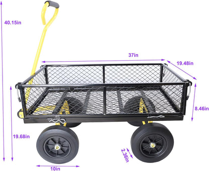 Heavy-Duty Solid Tire Garden Dump Cart - 4.86 cu. ft. Yard Wagon Cart with 600 LBS Capacity & Spacious Mesh Bed (37" x 19.5") - No-Flat Tires, Utility Wagon