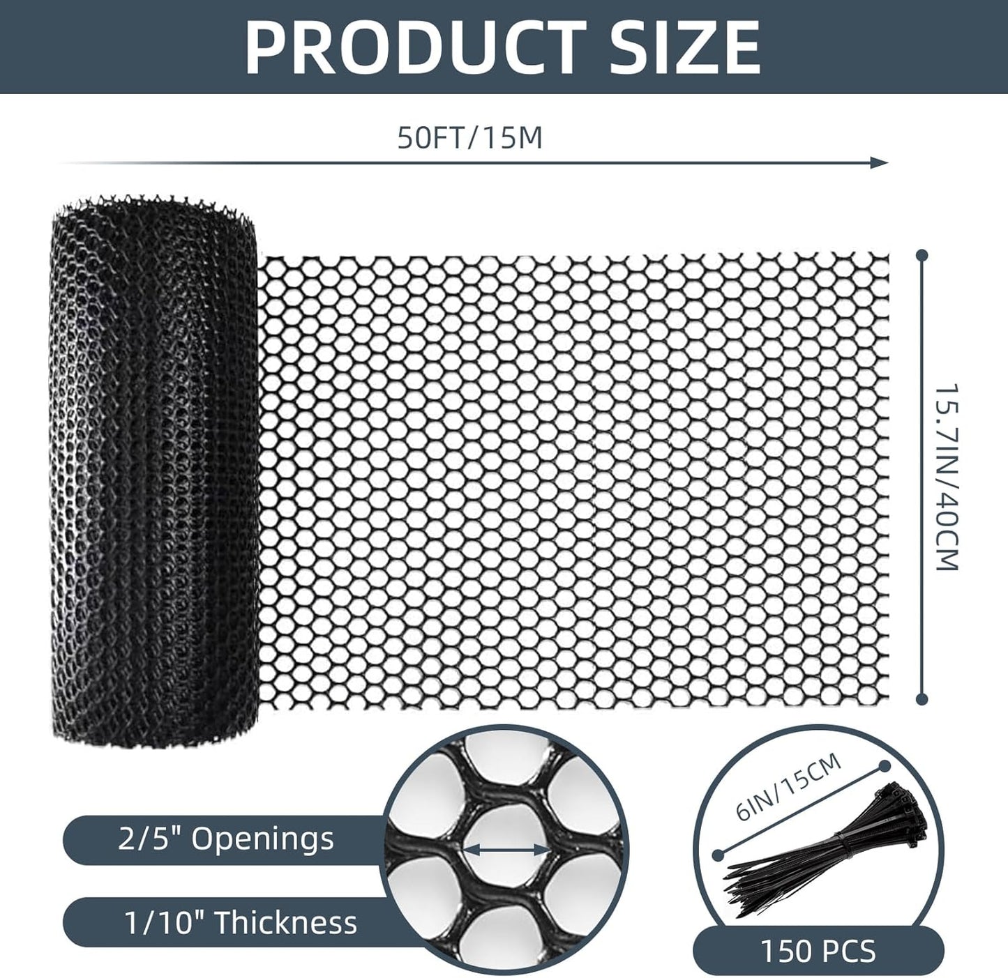 Plastic Wire Mesh Fence, 15.7IN x 50FT Versatile Fencing Netting for Poultry and Animal Barrier With 150 Zip Ties - Garden & Farm, Black