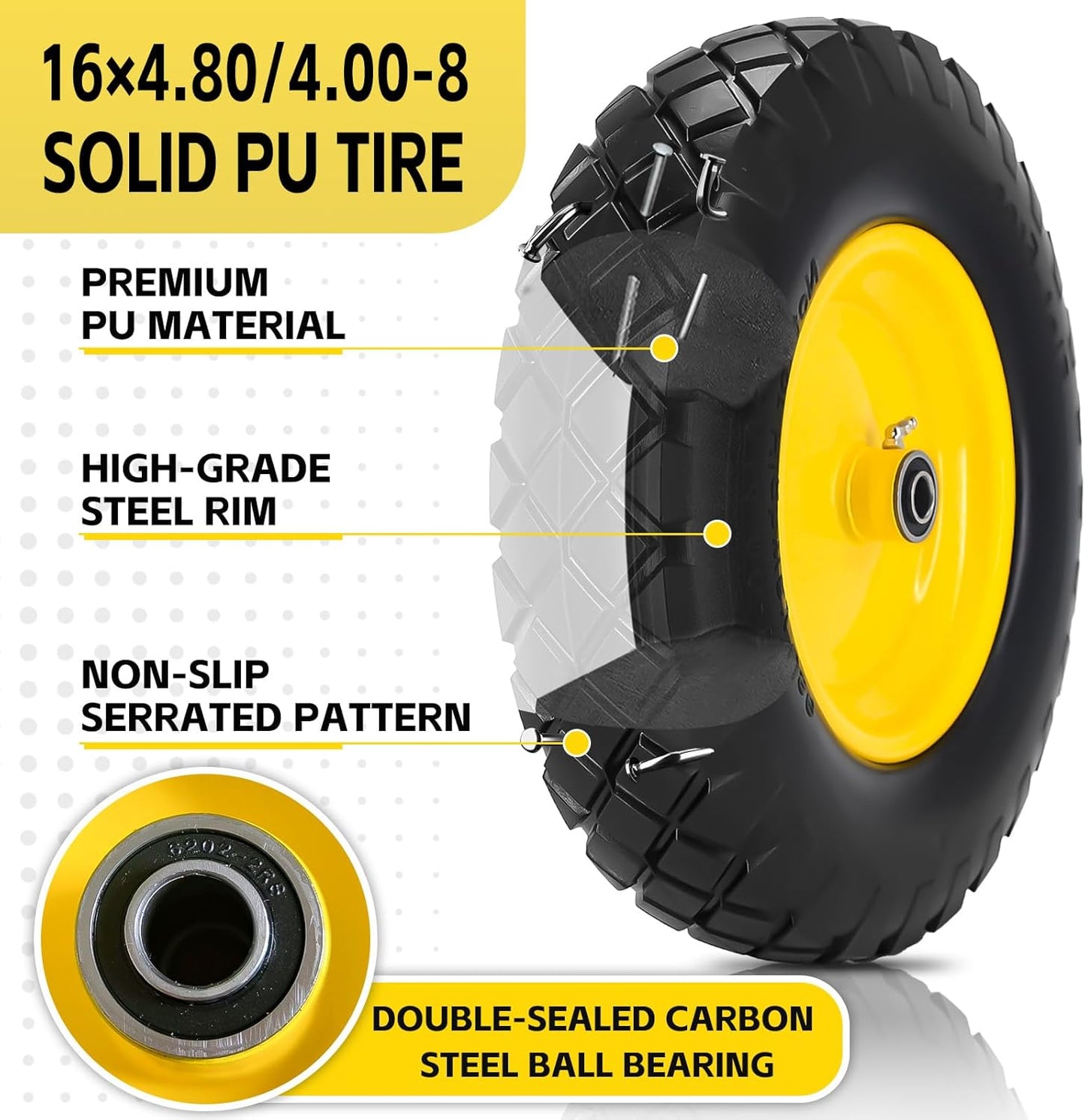 4.80/4.00-8 Solid Wheelbarrow Tire and Wheel 16" Flat-Free Tire with 3" Centered Hub 5/8" & 3/4" Bearings Fits Garden Cart, Hand Truck, Wagon,Trolleys and Trailers