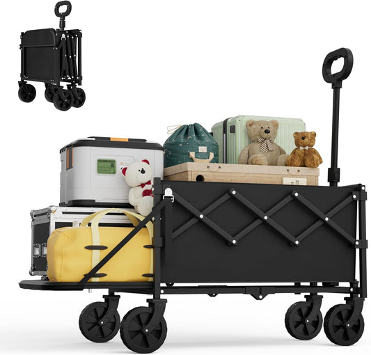 Collapsible Wagon with Tailgate, Wagons Foldable with 350lbs Capacity, Lightweight Portable Utility Wagon Cart for Shopping Camping Sports Garden (Black)