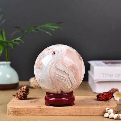 JIC Gem Large Pink Agate Crystal Sphere Ball with Wooden Stand Pink Healing Crystal Decorative Ball 90-100mm