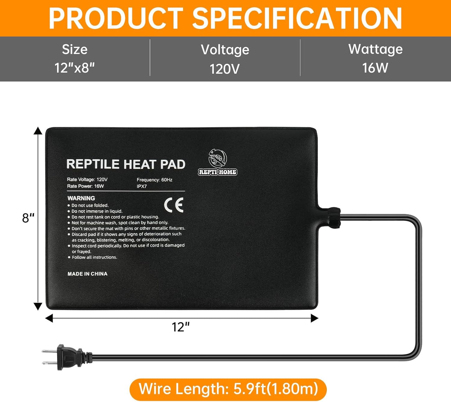 Reptile Heat Pad 8x12 Inch 24W, Terrarium Heating Mat Under Tank, Reptile Heat Mat/Pad for Amphibians, Turtle, Lizard, Bearded Dragon, Hermit Crab, Frog, Snake
