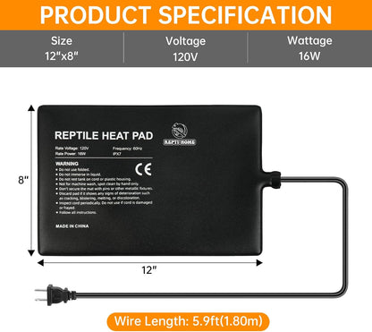 Reptile Heat Pad 8x12 Inch 24W, Terrarium Heating Mat Under Tank, Reptile Heat Mat/Pad for Amphibians, Turtle, Lizard, Bearded Dragon, Hermit Crab, Frog, Snake