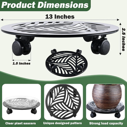 2 Packs Large Metal Plant Caddy with PU Wheels 13" Heavy-Duty Wrought Iron Rolling Plant Stands Indoor Outdoor Wheeled Plant Dolly Planter Mover Rollers Plant, Leaf Style