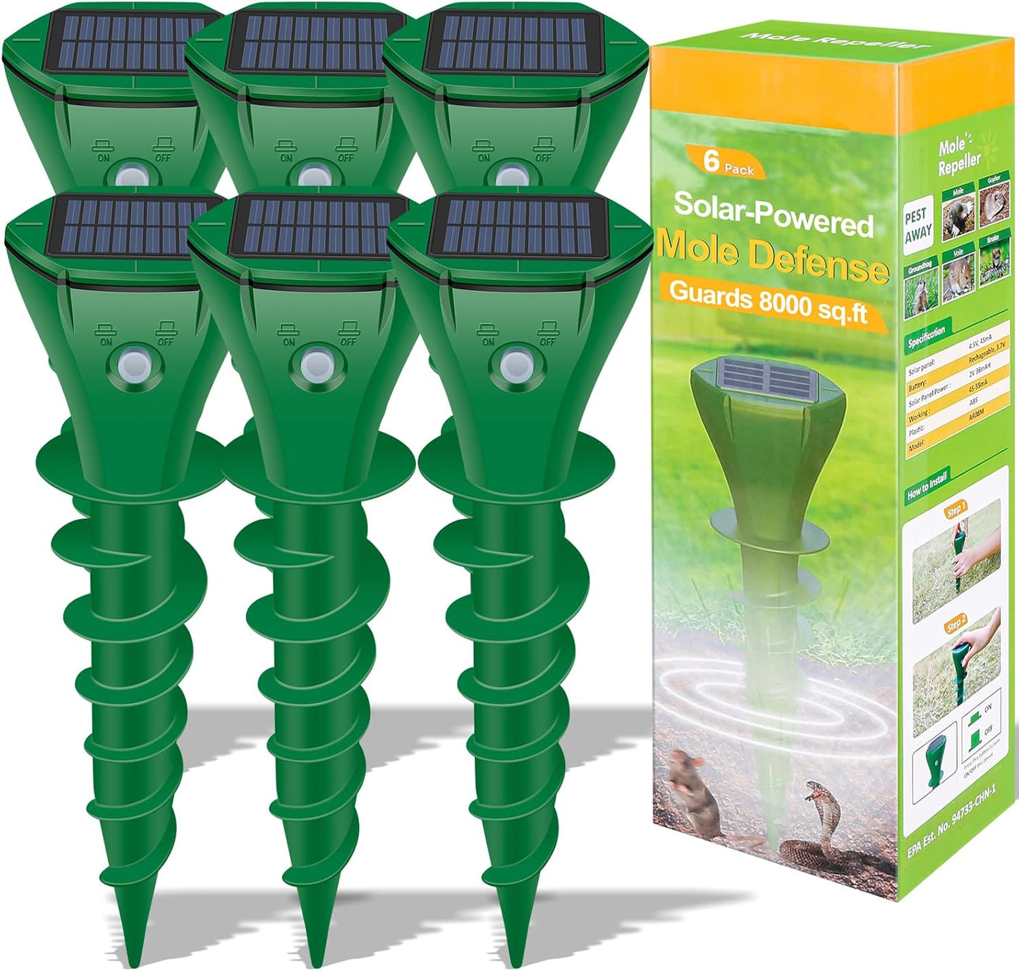 Mole Repellent Solar Powered Ultrasonic,6 Pack Gopher Repellent Outdoor for Lawn Garden Yard,Waterproof Mole Killer Traps,Sonic Spikes Get Rid of All Pests Gopher Vole Groundhog Chipmunk Snake-Green