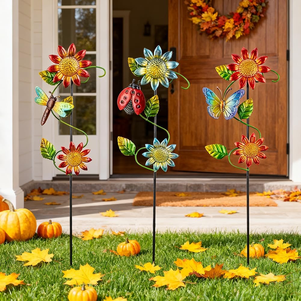 3 Pcs Sunflower Decorative Garden Stakes,23.5 inches Metal Sunflower Outdoor Fall Decor,Yard Art for Outside Decor for Mom,Women,Grandma