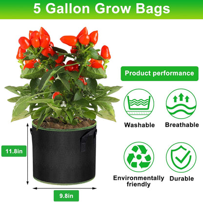 Grow Bags of 6-Pack 5Gallon, Garden Planter Bags with Handles, Thickened Nonwoven Fabric Aeration Planting Pots, Vegetable Gardening Fabric pots with Plant Tags and Seedling Bags, Black