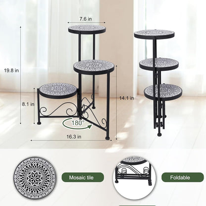 3 Tier Mosaic Plant Stand Foldable Corner Shelf for Indoor Outdoor Tall Plant Holder Display Rack for Patio Balcony Living Room Garden Decor