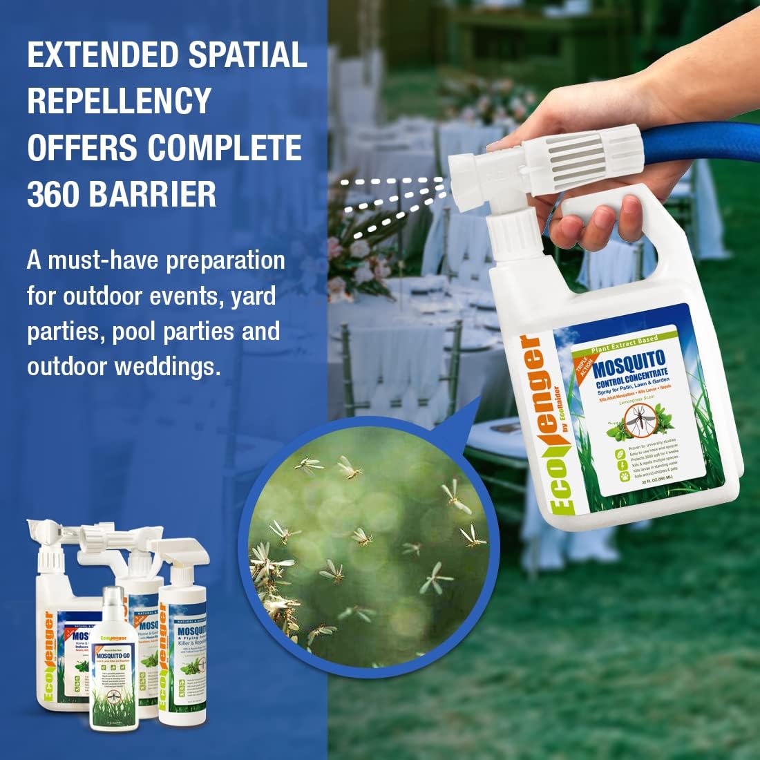 EcoVenger by EcoRaider Mosquito Control Triple-Action Hose-end Spray 32 oz, Kills Aphids, Gnats, Ticks, Kills All Stages + Larvae Control + Lasting Repellency, Citrus Scent, Non-Toxic Child-&-Pet-Safe