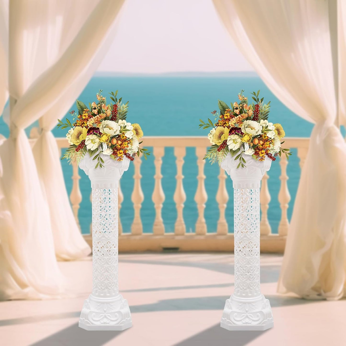 Roman Column Pedestal, Plastic White Columns for Weddings Indoor/Outdoor Roman Pillar Stand for Table Sculptures, Vase, Garden Decor (2PCS, 10.6 x 34.6 Inch Fretwork)