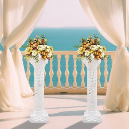 Roman Column Pedestal, Plastic White Columns for Weddings Indoor/Outdoor Roman Pillar Stand for Table Sculptures, Vase, Garden Decor (2PCS, 10.6 x 34.6 Inch Fretwork)