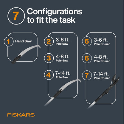 Fiskars XtendControl Extendable Tree Pruner (14 ft), Adjustable Branch Trimmer w/Fixed Pruning Head, 15" X2 Hook Bill Saw, 3-6 ft & 4-8ft Extension Poles, and Automatic Cord Reel for Precise Cuts