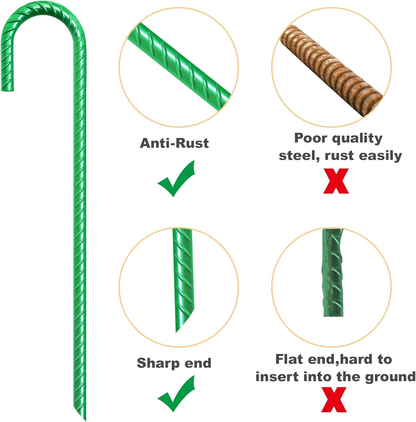 Eurmax USA Trampolines Stakes Heavy Duty Ground Stakes Canopy Parts Wind Stake with Rope 12 Inch Heavy Duty Stake Safety Ground Anchor Galvanized Steel J Shaped, Pack of 4(Green)
