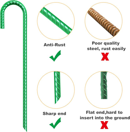 Eurmax USA Trampolines Stakes Heavy Duty Ground Stakes Canopy Parts Wind Stake with Rope 12 Inch Heavy Duty Stake Safety Ground Anchor Galvanized Steel J Shaped, Pack of 4(Green)