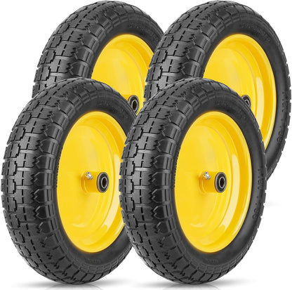 TICONN 4.80/4.00-8 Tire, 14.5" Flat Free Wheelbarrow Tire and Wheel, Solid Replacement Tires, 5/8" 3/4" Bearings, Universal Fit 4.80/4.00-8, 3.50/3.00-8, 4.00-6 (14.5" Yellow, 4PK)