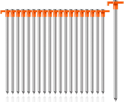20 Pack Tent Stakes Heavy Duty, 9.84 Inch Rust-Proof Yard Stake Ground Stakes, Metal Tent Pegs for Camping Patio, Garden, Canopy, Grass, Outdoor (Orange)