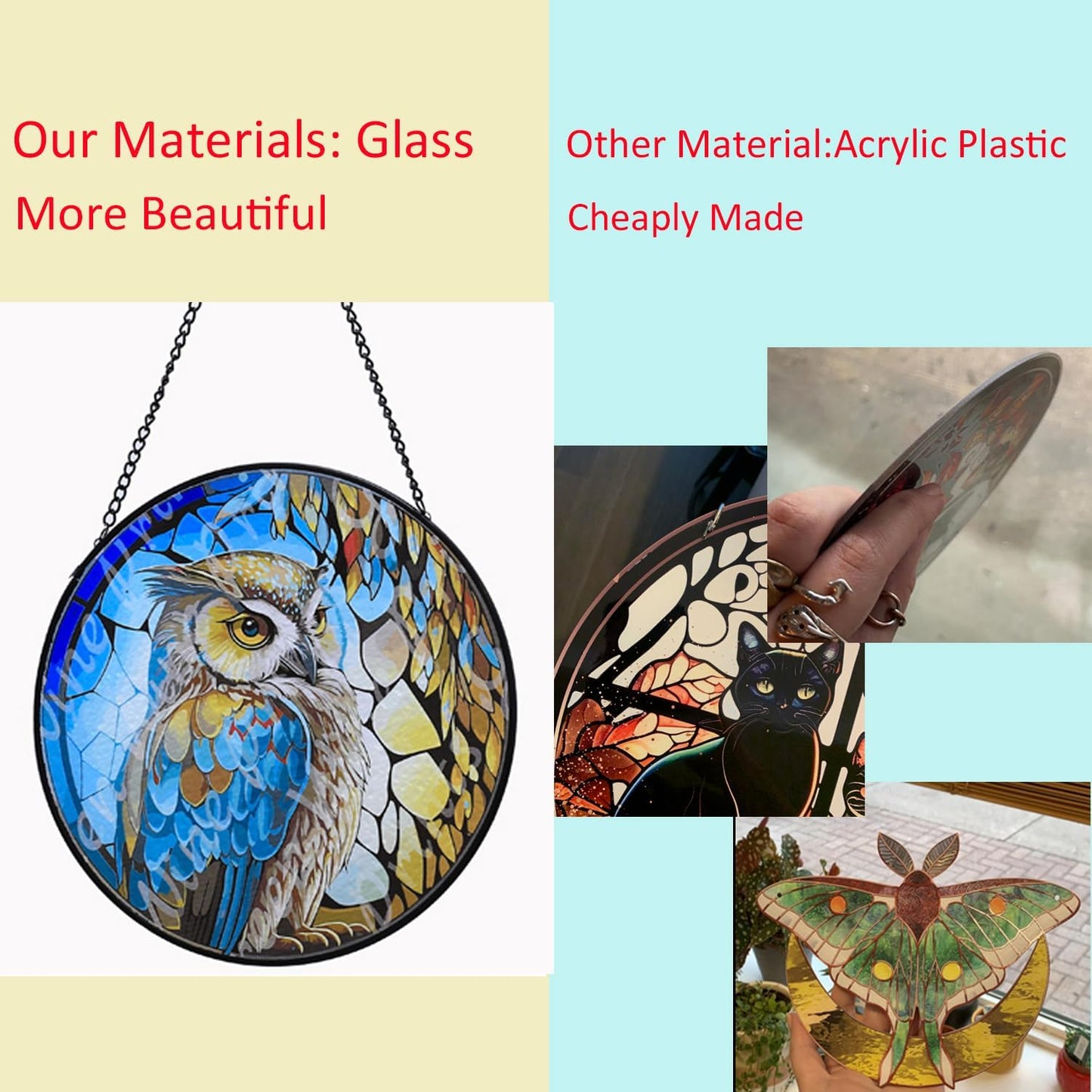 Hanging Stained Glass for Windows,20cm/7.87inch Owl Suncatcher Stained Glass Garden Hangings Ornaments Mother's Day Valentine's Day Halloween Fall Christmas Decor for Home (B Style)