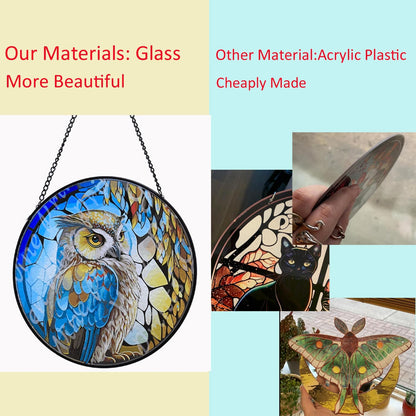 Hanging Stained Glass for Windows,20cm/7.87inch Owl Suncatcher Stained Glass Garden Hangings Ornaments Mother's Day Valentine's Day Halloween Fall Christmas Decor for Home (B Style)