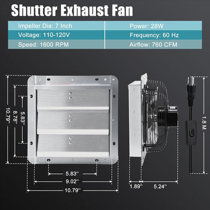 Criditpid 7 Inch Shutter Exhaust Fan, Garage Exhaust, Wall Exhaust Fan with ON/OFF Switch for Gable, Shed, Garage, Basement, Greenhouse, Kitchen, Attic, Chicken Coop Ventilation, 760 CFM, 1600 RPM.