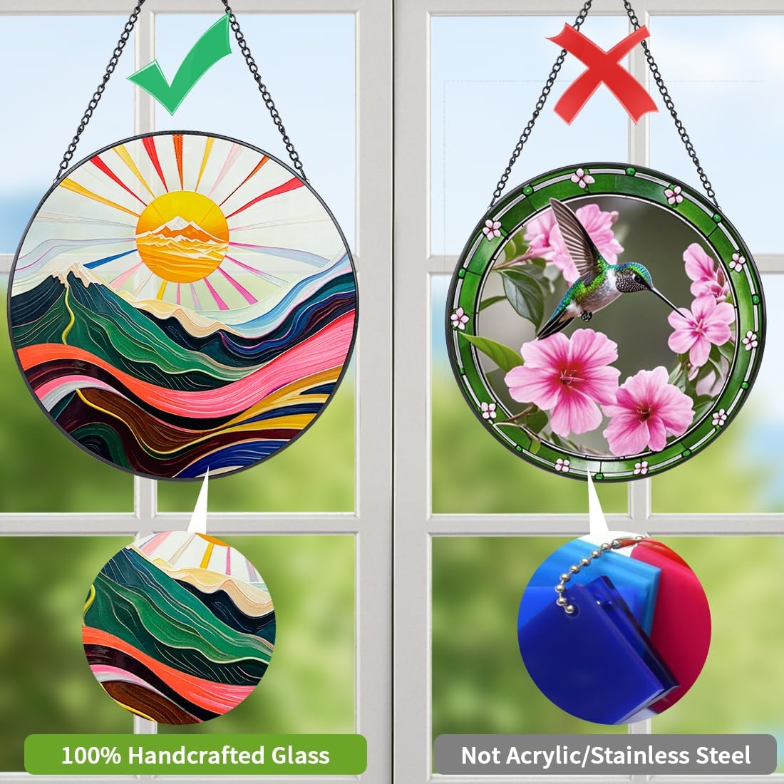 Mountains & Sun Stain Glass Window Hanging, 8 in Sun Catchers Indoor Window UV-Print Stained Glass Windows Hanging Boho Wall Art Decor with Chain, Gifts for Fathers Day, Mom, Dad, Son, Daughter