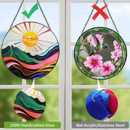 Mountains & Sun Stain Glass Window Hanging, 8 in Sun Catchers Indoor Window UV-Print Stained Glass Windows Hanging Boho Wall Art Decor with Chain, Gifts for Fathers Day, Mom, Dad, Son, Daughter