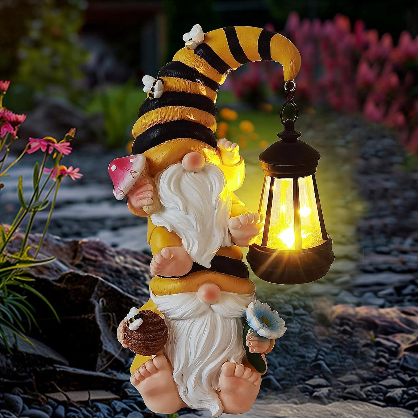 Garden Gnomes Outdoor Statue Solar Bee Garden Gnomes with Led Lantern Outdoor Decor for Yard,Patio,Lawn,Gnome Gifts for Women,Mom,Gnomes Decorations for Yard