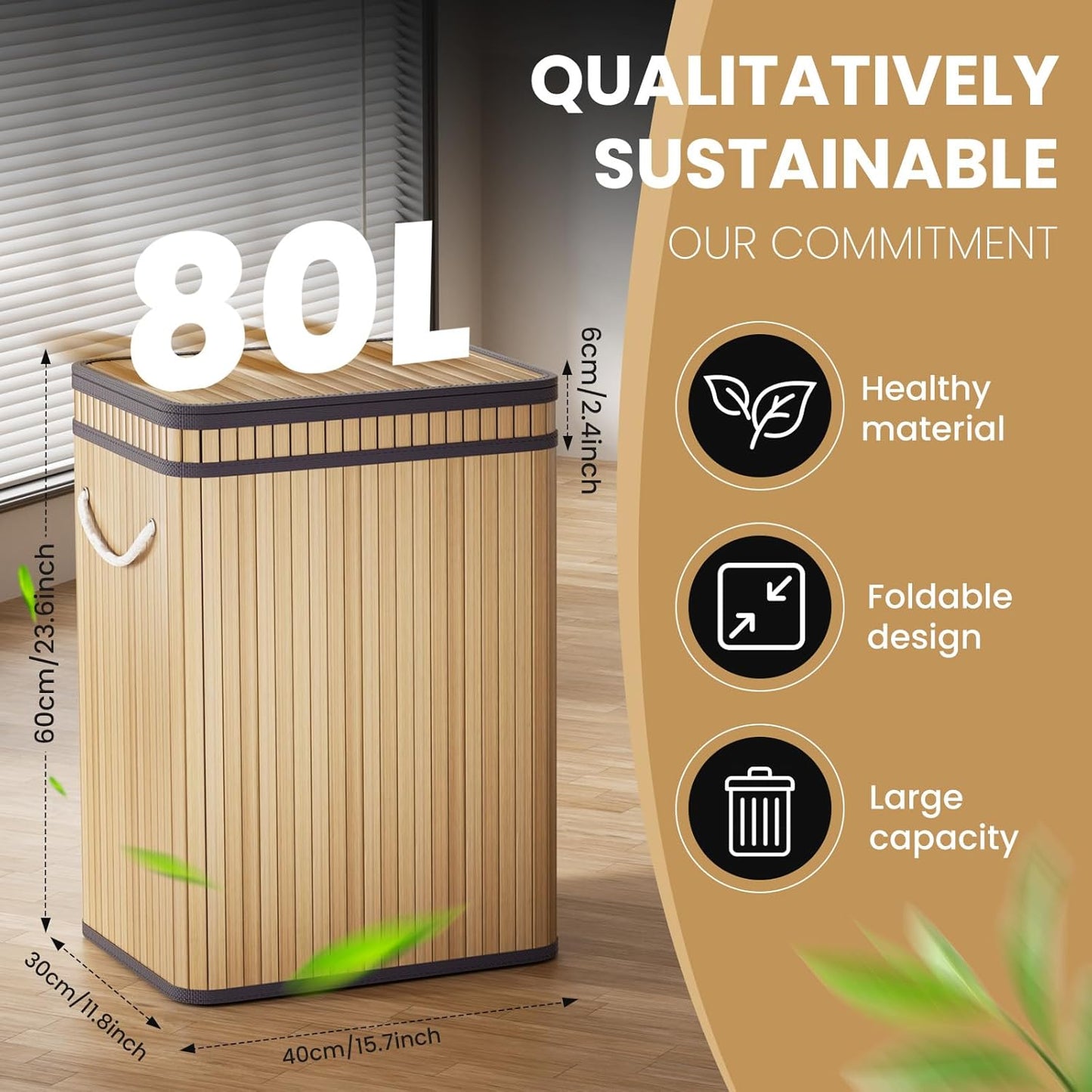 80 Liter/21 Gallon Large Trash Can with Lid, Garbage Bin Wastebasket Made of Bamboo, Outdoor Garbage Can/Waste Bin for Home, Office, Bathroom, Kitchen 24" HX15.8 WX11.8 D (Beech S)