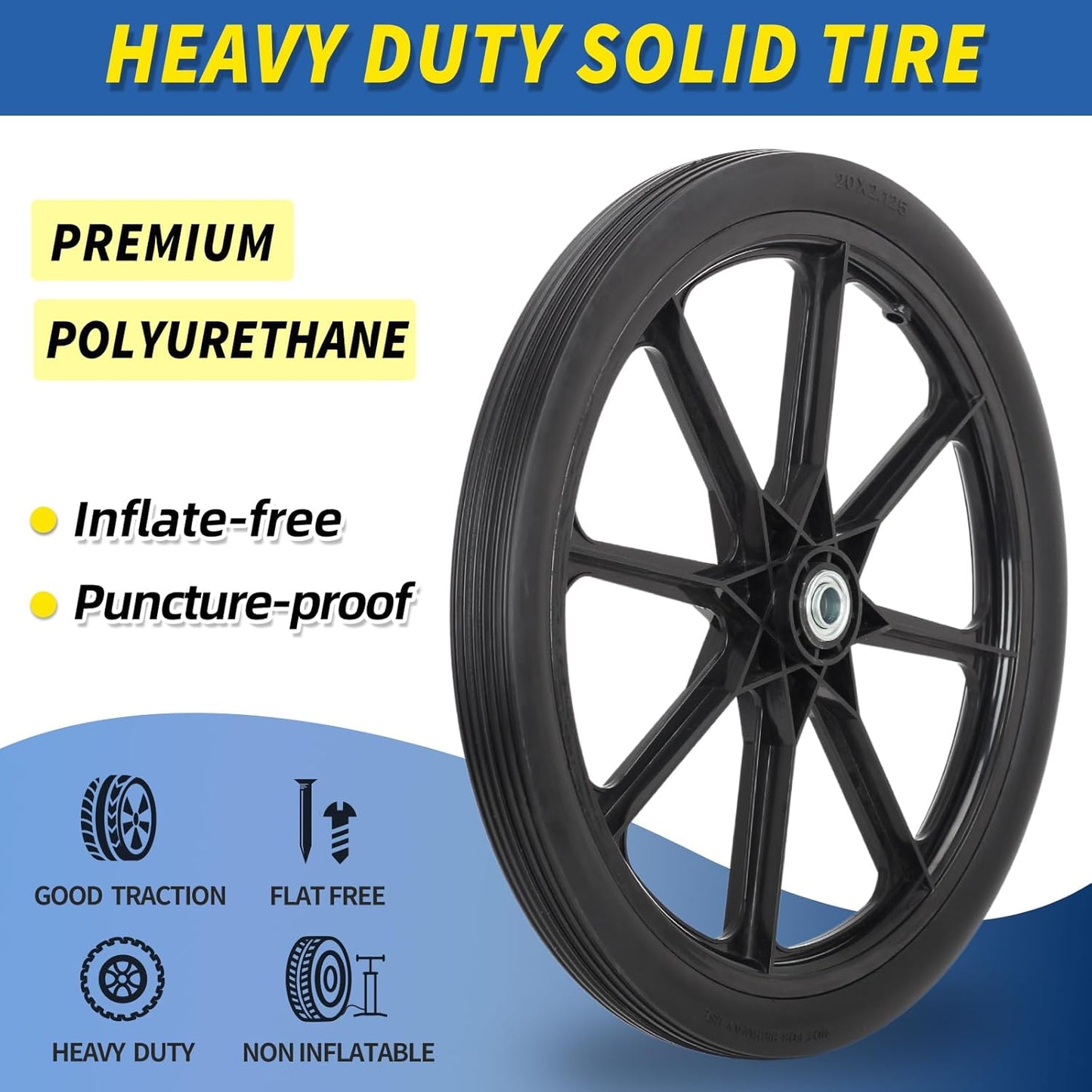 20" Flat Free Tire and Wheel, with 3/4" & 5/8" Bearing, 2.45" Centered Hub, Replacement Wheel For Rubbermaid Wheelbarrow, Garden Yard Cart, 2 Pcs