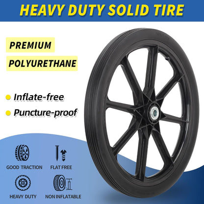 20" Flat Free Tire and Wheel, with 3/4" & 5/8" Bearing, 2.45" Centered Hub, Replacement Wheel For Rubbermaid Wheelbarrow, Garden Yard Cart, 2 Pcs