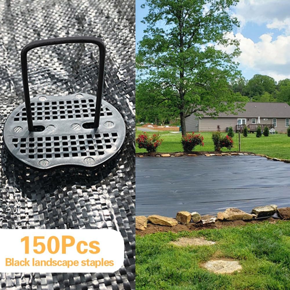 Bakulyor 150pcs Black Landscape Staples + 150pcs Buffer Washer, 6 Inch 11 Gauge Garden Stakes Staples, U Shaped Galvanized Lawn Pins Heavy Duty Yard Ground Pin for Weed Barrier Sod Fabric Decorations
