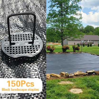Bakulyor 150pcs Black Landscape Staples + 150pcs Buffer Washer, 6 Inch 11 Gauge Garden Stakes Staples, U Shaped Galvanized Lawn Pins Heavy Duty Yard Ground Pin for Weed Barrier Sod Fabric Decorations
