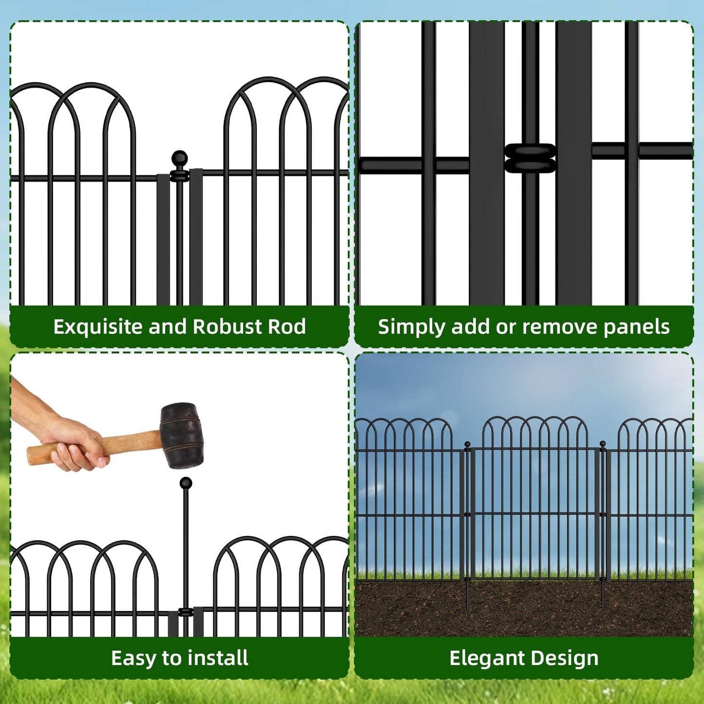 Decorative Garden Fence 17in x11.25ft,10 Pack Rustproof Metal No Dig Fence Animal Barrier for Dog, Arched Flower Bed Edging Ornamental Wire Border Panel Fencing for Yard Patio Outdoor Decor