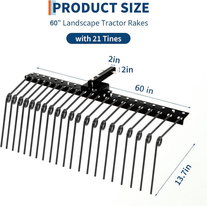 60 in Durable Pine Straw Rake, Steel Spring Landscape Rake Fits 2 in Receiver for Lawn Tractors or ATV/UTV, Black