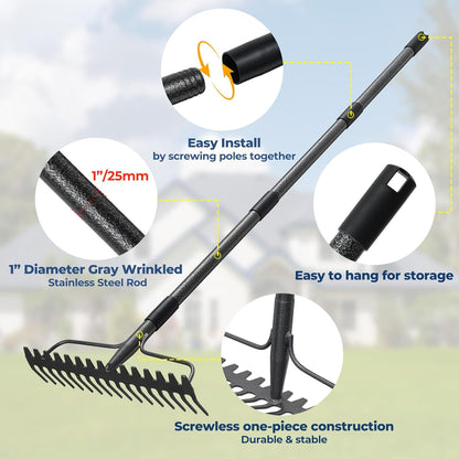 49" Rake - 17" Extra Wide Garden Tool with Double-Sided Head, Heavy Duty Lightweight Stainless Steel Construction for Mulching & Debris Removal, Leveling Lawn, Loosening Soil, Leaf Cleanup, Soil Prep