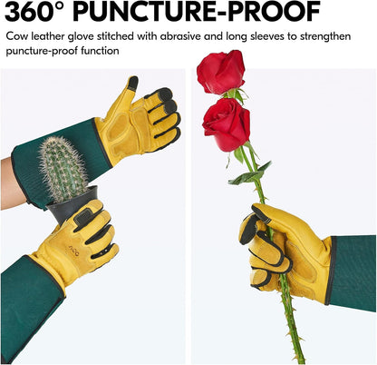 Vgo... Safety Work Gloves Men,Extra-long Cuff, Cow Grain Leather,Puncture-proof, Thornproof, Durability, Touchscreen,Gardening (1 Pair,Size XS, Golden Green, CA7472)