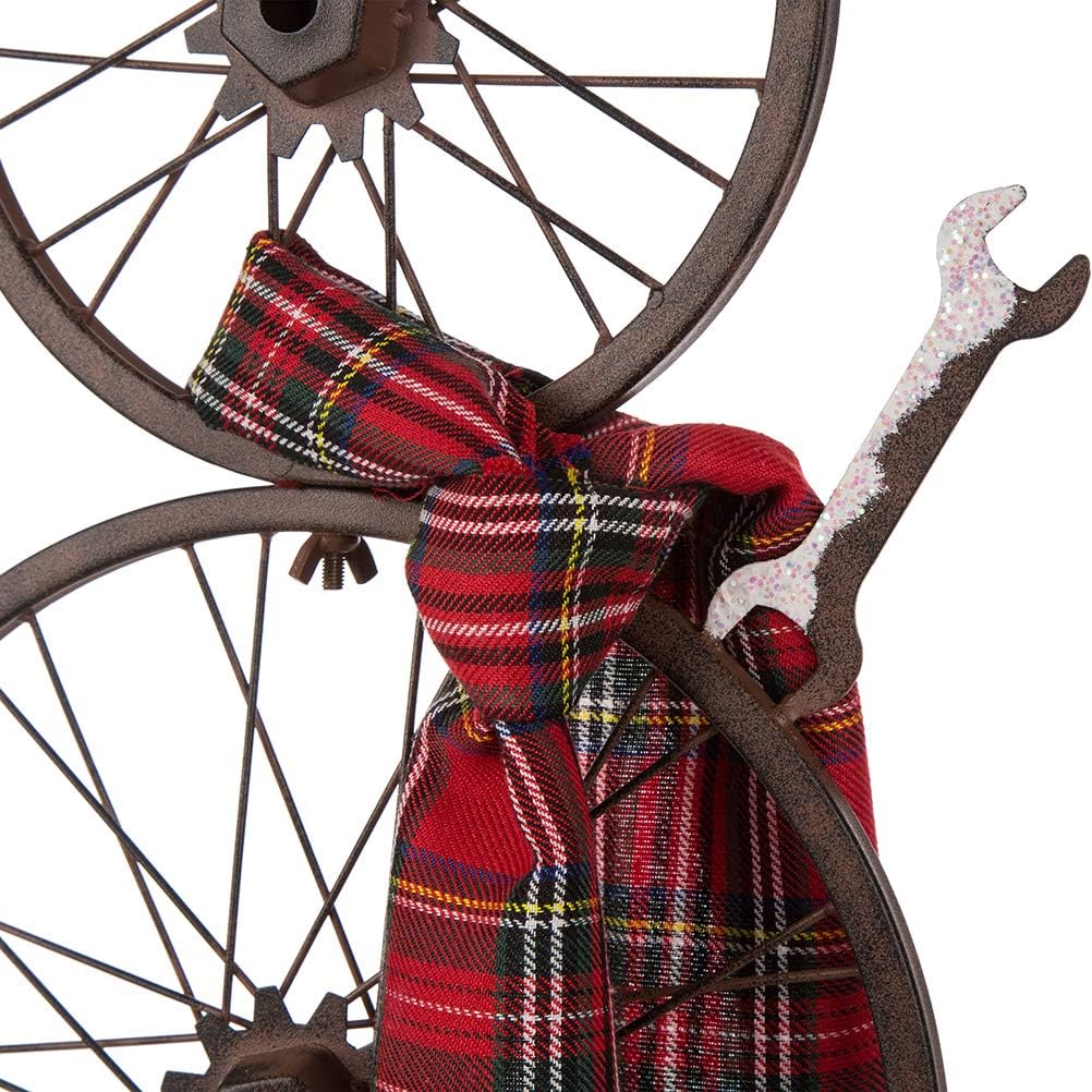 Glitzhome 33.98" H Metal Bike Wheel Snowman with Plaid Scarf Hat Porch Decor Metal Bicycle Garden Yard Decor Christmas Indoor Outdoor Decorations