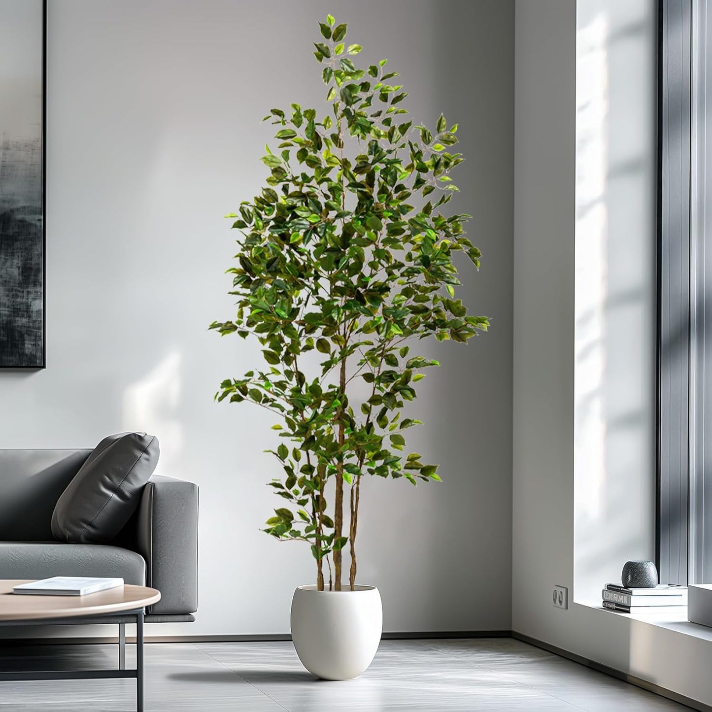 Artificial Ficus Tree Indoor 7ft, Large Potted Faux Tree with Realistic Silk Leaves & Trunk for Home Office, Living Room Corner Decor