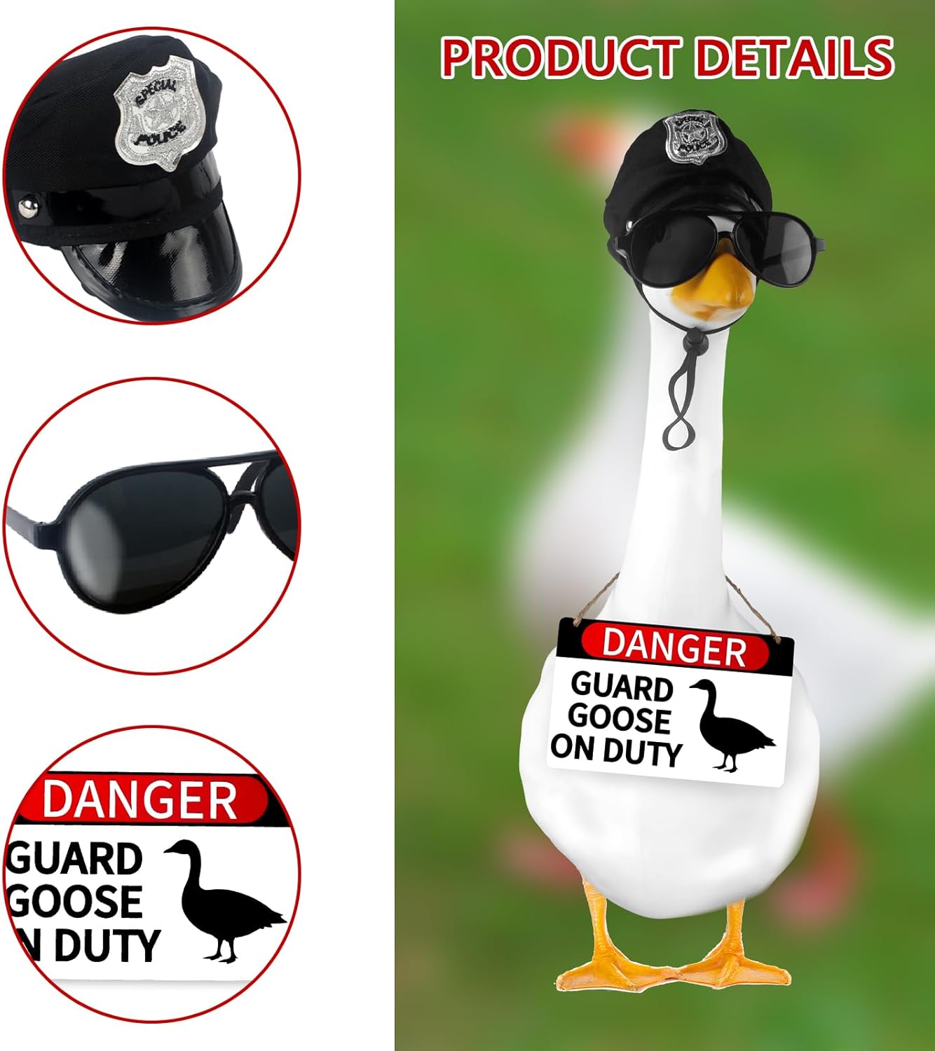 CAMDUCK 3 Pcs Porch Goose Accessories Porch Goose Sign Goose Police Hat Eyeglasses Wooden Gooses Warning Sign Danger Guard Goose on Duty Warning Sign Goose Outfits Decor for Yard Porch Lawn