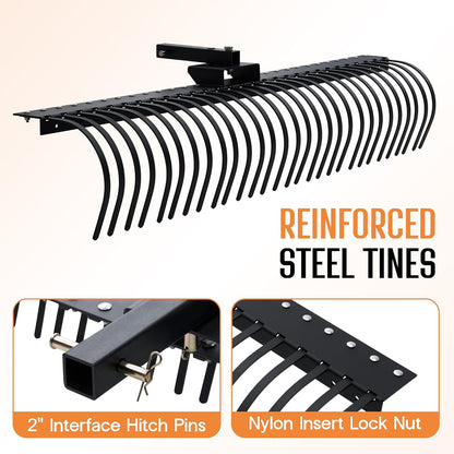Specraft 72" Behind Landscape Rake for Tractor, Tow Dethatcher Rake with 29 Steel Coil Tines and 2" Receiver, Fit for 3-Point Suspension Systems