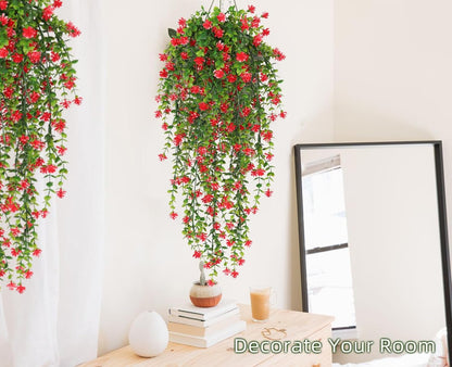 RECUTMS Artificial Hanging Plants Fake Hanging Vine Flowers Fake Plants Faux Hanging Plants Outdoor Faux Eucalyptus Leaf Greenery Wall Indoor Room Wall Wedding Patio Porch Decor(Red)
