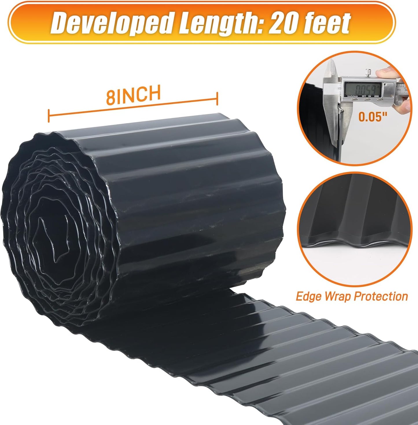 Corrugated Metal Garden Edging, 8"×20Ft Metal Landscape Edging for Lawns, Borders and Flower Beds, Metal Garden Edging Border for Garden and Yard, Sturdy Garden Long Strips, Black