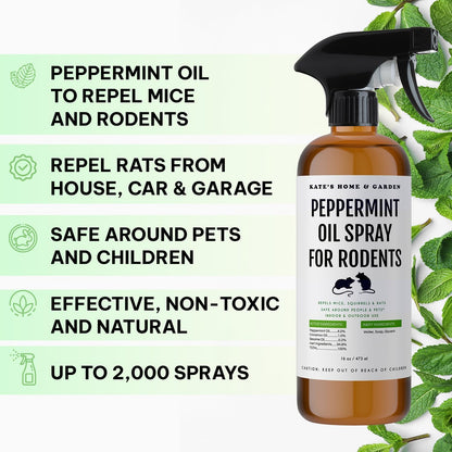 Kate Naturals Peppermint Oil Spray for Rodents, Squirrels, Mouse, Bat, Rat, Car Engines (16oz, Non-Toxic Rodent Repellent, Pet Safe)