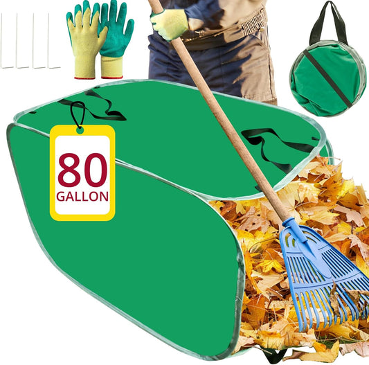 PUNCHMAN Leaf Collector - 80 Gallon Pop up Foldable Leaf Bags with Handles, Collapsible Trash Can for Leaf Clean up and Picker, Reusable Yard Waste Bags with Golves, Garden Tools