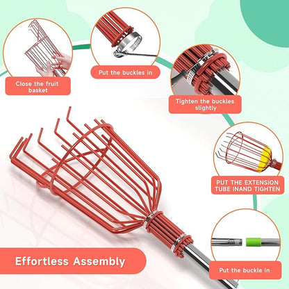 SHOUNAJIA 5-13FT Fruit Picker, Adjustable Long Handle Fruit Picker Pole with Basket, Fruit Picker Tool for Apple Lemon Orange Mango Avocado Fruit Mango Picking